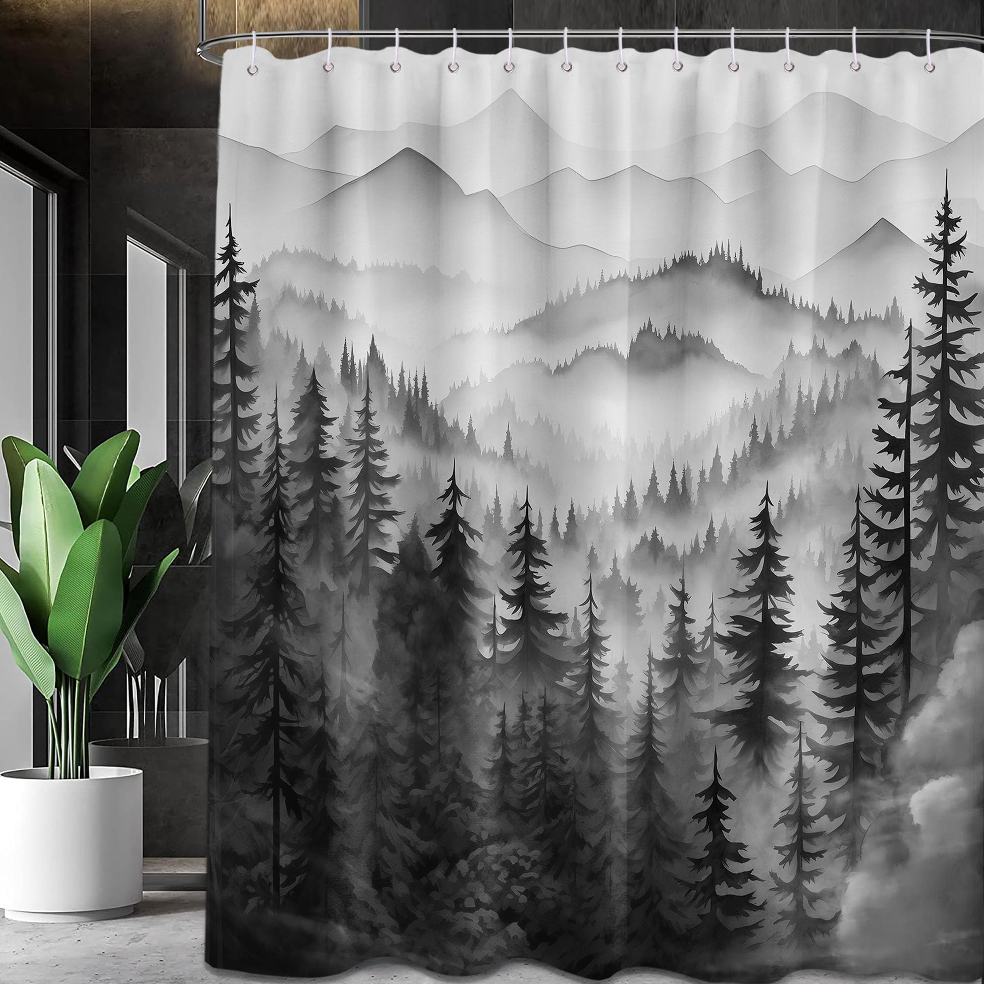 QGHOT Mountain Shower Curtain Forest, Black and White Nature Shower Curtains for Mens Bathroom Decor Grey Rustic Woodland Pine T