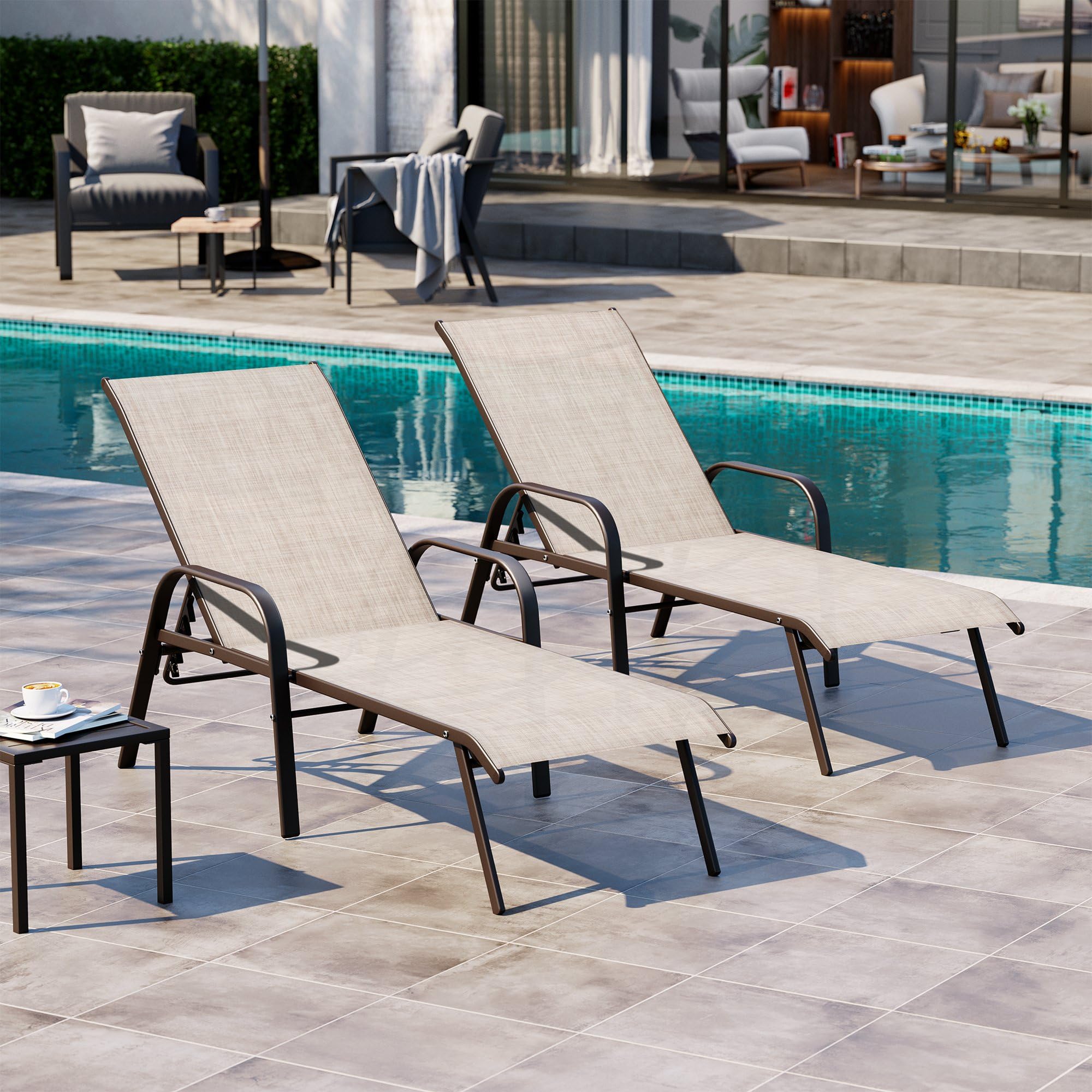Crestlive Products Outdoor Chaise Lounge Chair with Armrests, Adjustable Five-Position and Full Flat Pool Recliner for Patio, De