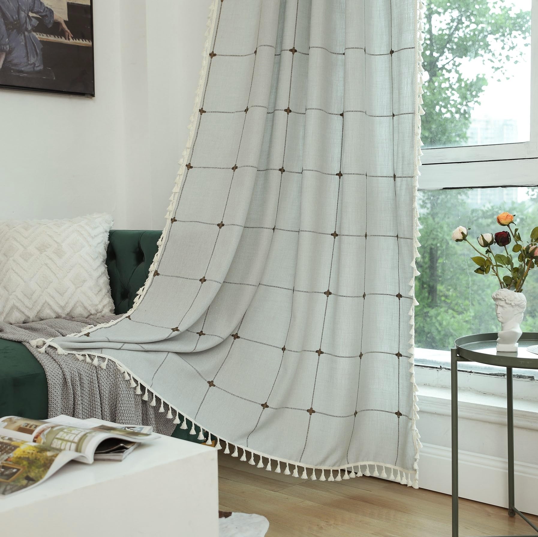Sutuo Home Boho Curtains for Living Room Bedroom Office,Bohemian Drape Light Filtering Country Linen Vintage Chic Tassels Checke