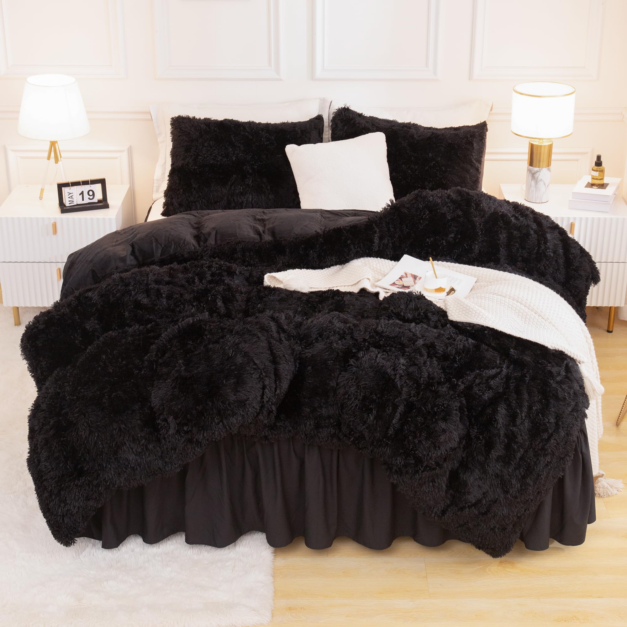 Andency Faux Fur Black Comforter Queen, 3 Pieces Fluffy Fuzzy Plush Bedding Comforter Set (1 Shaggy Velvet Comforter & 2 Pillowc