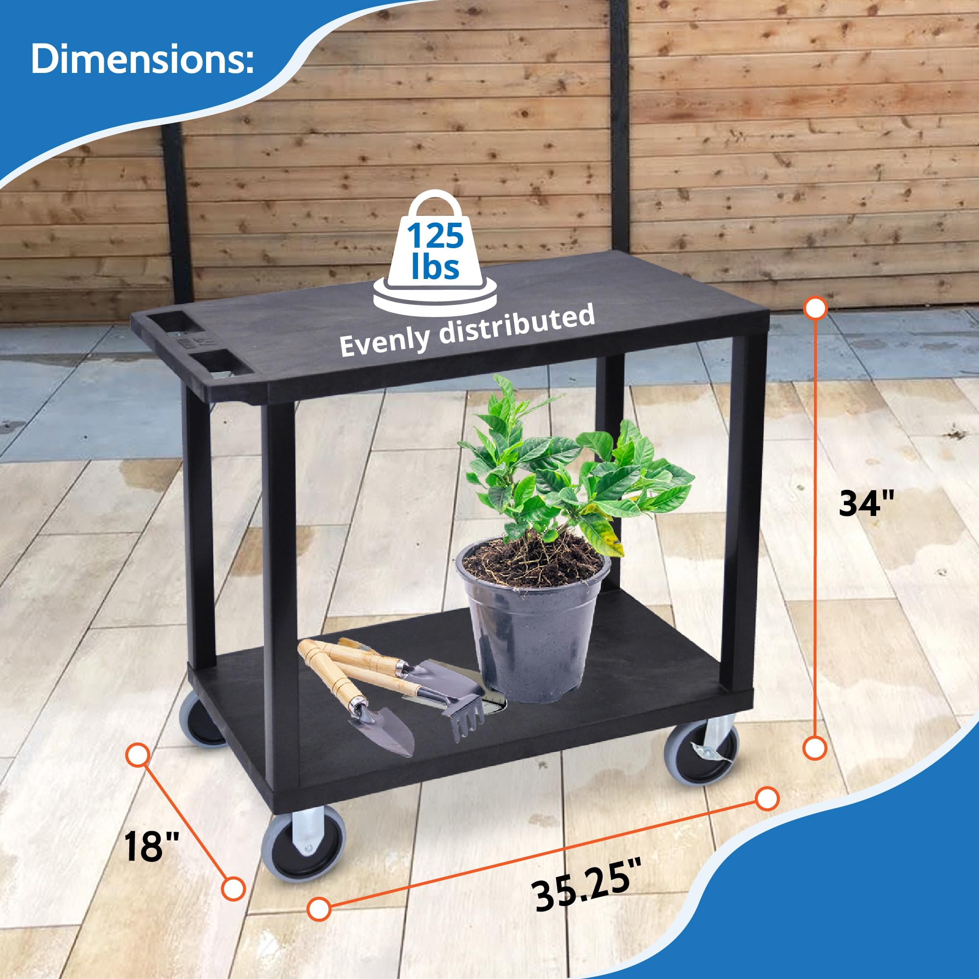 LUXOR EC22HD-B 32" x 18" Cart - Two Flat Shelves, Multipurpose Utility Cart, Four 5" Casters, Two Fixed Non-Locking Casters, Two Full-Swivel Casters with Locking Brake, 125 lbs. Per Shelf