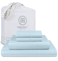 Threadmill 500 Thread Count Queen Size Damask Stripe, 4 Pc Luxury Cotton Bedding Set, Silky Smooth Light Blue Sheets With 16' E