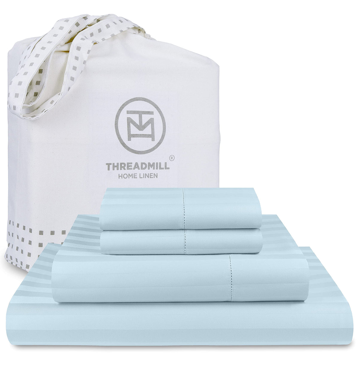 Threadmill 500 Thread Count Queen Size Damask Stripe, 4 Pc Luxury Cotton Bedding Set, Silky Smooth Light Blue Sheets With 16' E