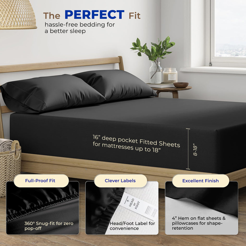 Thread Spread 100% Egyptian Cotton Sheets Twin - 600 Thread Count Sheets Twin, 3 Pc Deep Pocket Twin Sheets, Soft, Cooling Sateen Weave Extra Long Twin Sheets For Dorm, 16' Deep Pocket - Black