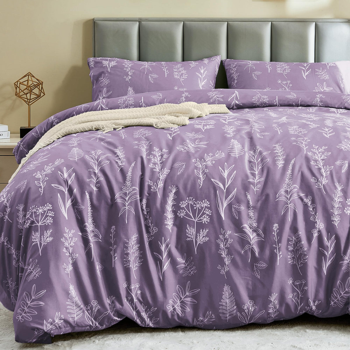 Muxhomo Duvet Cover Queen Size, Reversible Floral Grayish Purple Duvet Cover Set With Zipper Closure, 3 Pieces Botanical Pattern