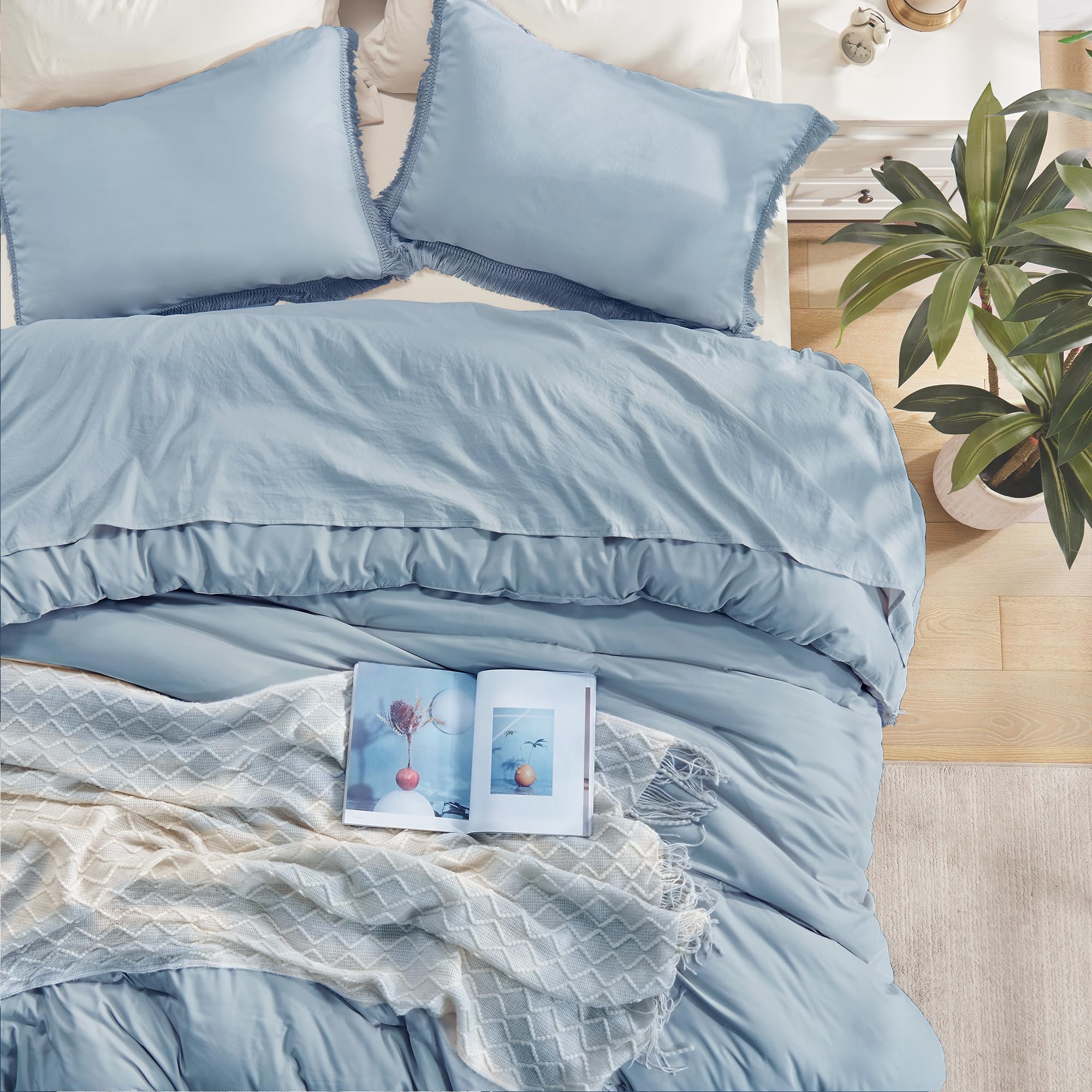 Andency Grayish Blue Comforter Set Queen Size, 3 Pieces Boho Tassel Lightweight Bedding Comforter Sets, All Season Soft Fluffy Fringe Bed Set (90X90In Comforter & 2 Pillowcases)