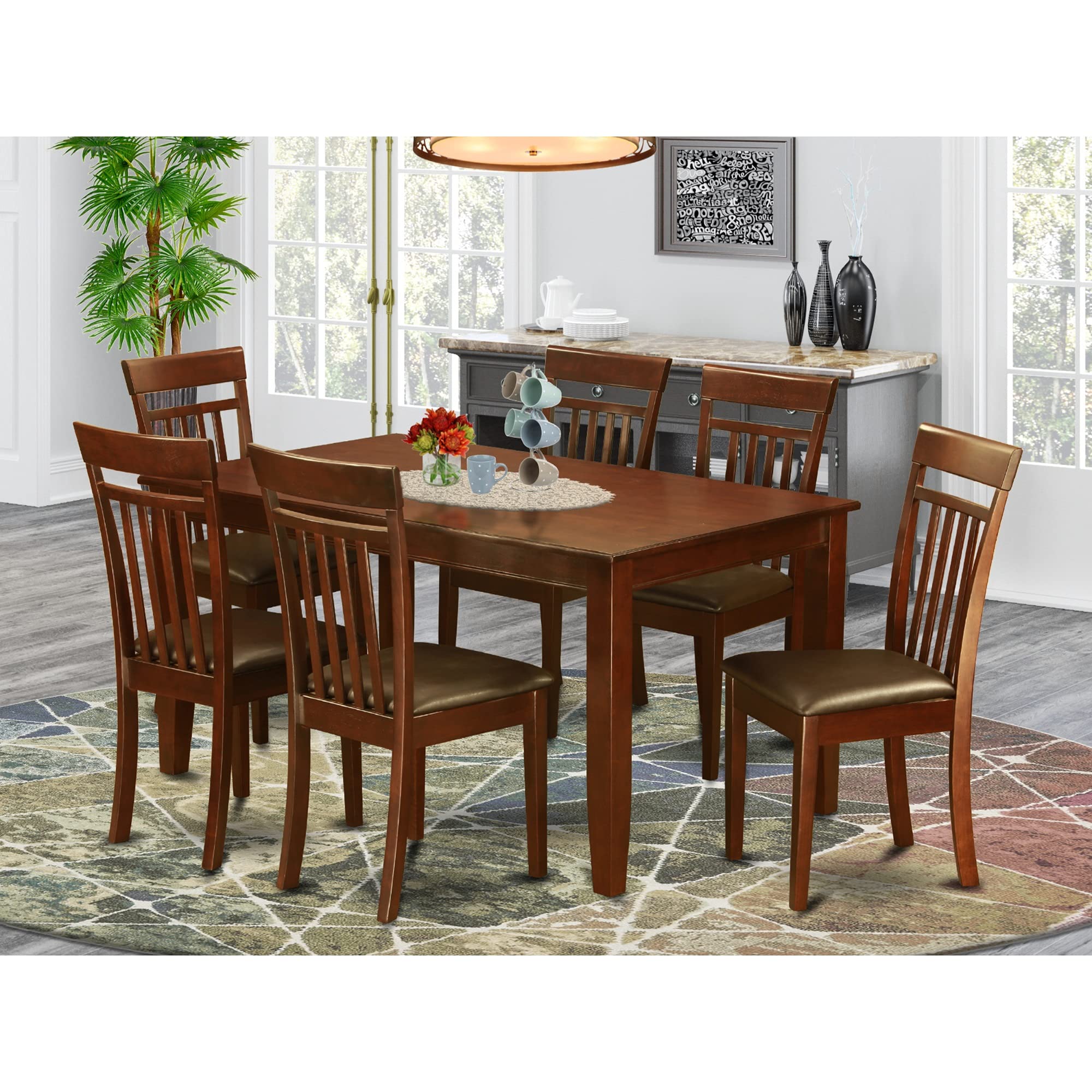 East West Furniture DUCA7-MAH-LC Dudley 7 Piece Set Consist of a Rectangle Dining Room Table and 6 Faux Leather Upholstered Kitchen Chairs, 36x60 Inch, Mahogany