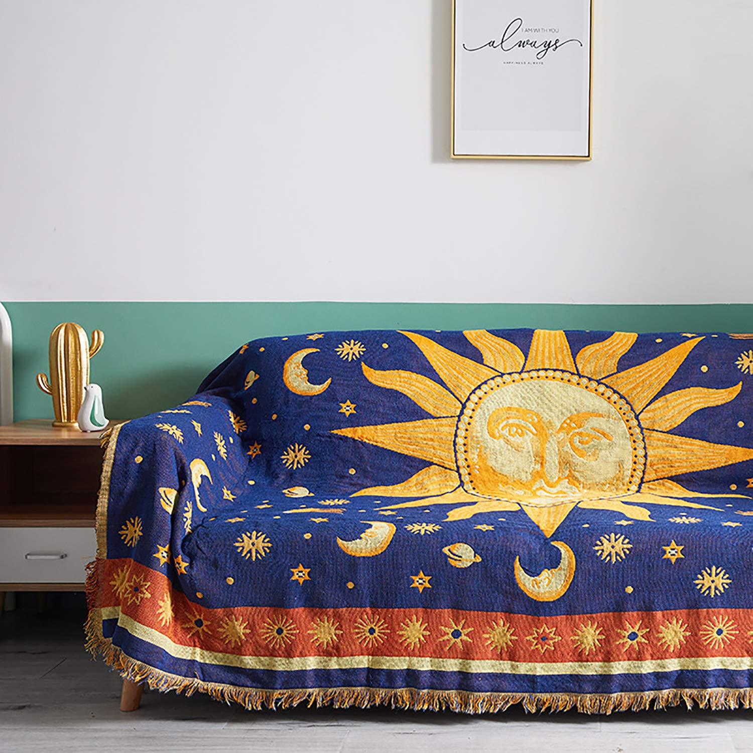 Maynest Sun And Moon Stars Hippie Throw Blanket Celestial Tapestry Double-Sided Reversible Woven Cotton Home Decor Bedding Chair