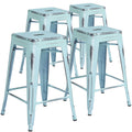 Flash Furniture Kai Commercial Grade 4 Pack 24 High Backless Distressed Green-Blue Metal Indoor-Outdoor Counter Height Stool
