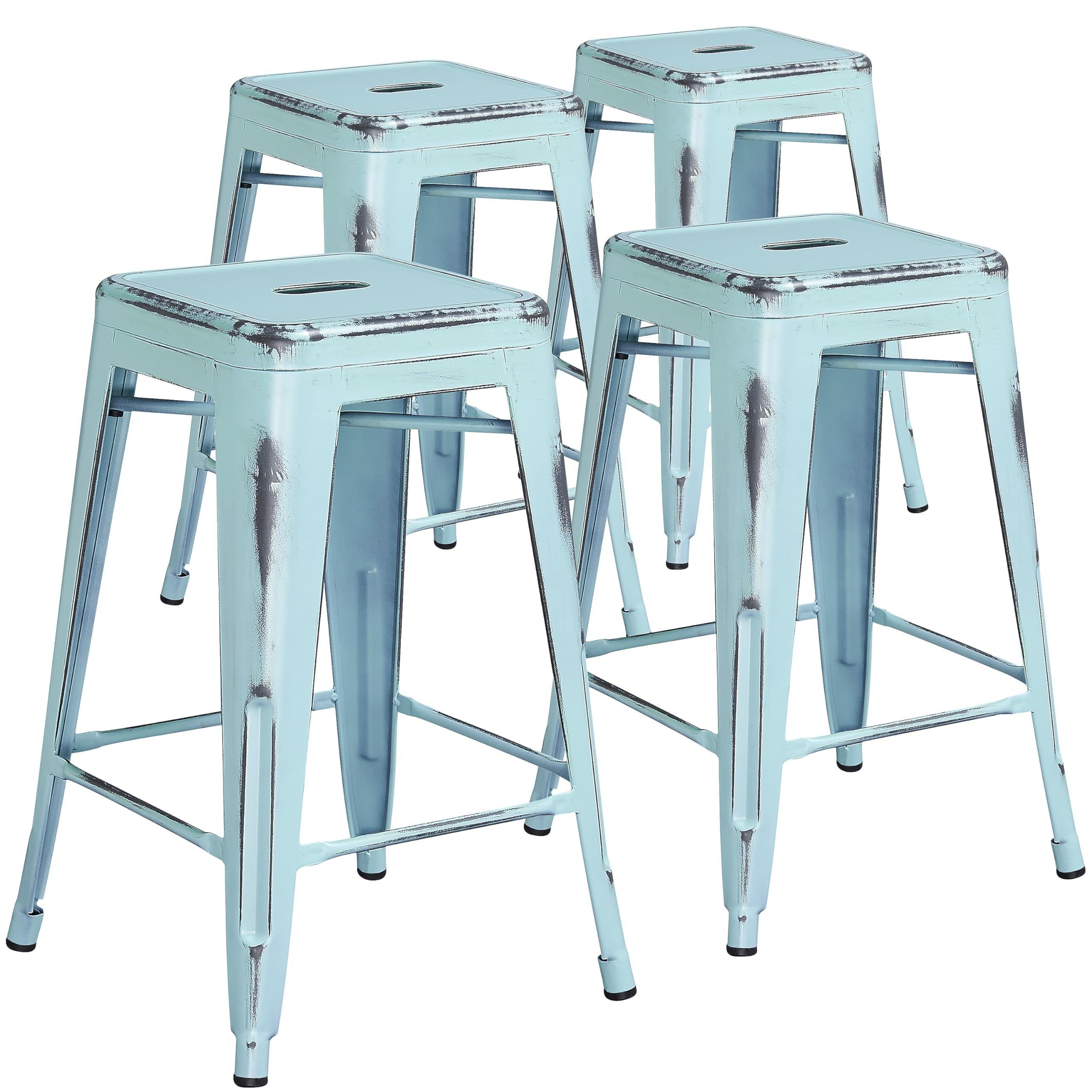 Flash Furniture Kai Commercial Grade 4 Pack 24 High Backless Distressed Green-Blue Metal Indoor-Outdoor Counter Height Stool