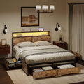 HAUSOURCE Queen Bed Frame with Storage Headboard and 4 Drawers LED Lights Metal Platform Non-Slip Without Noise Mattress Foundat