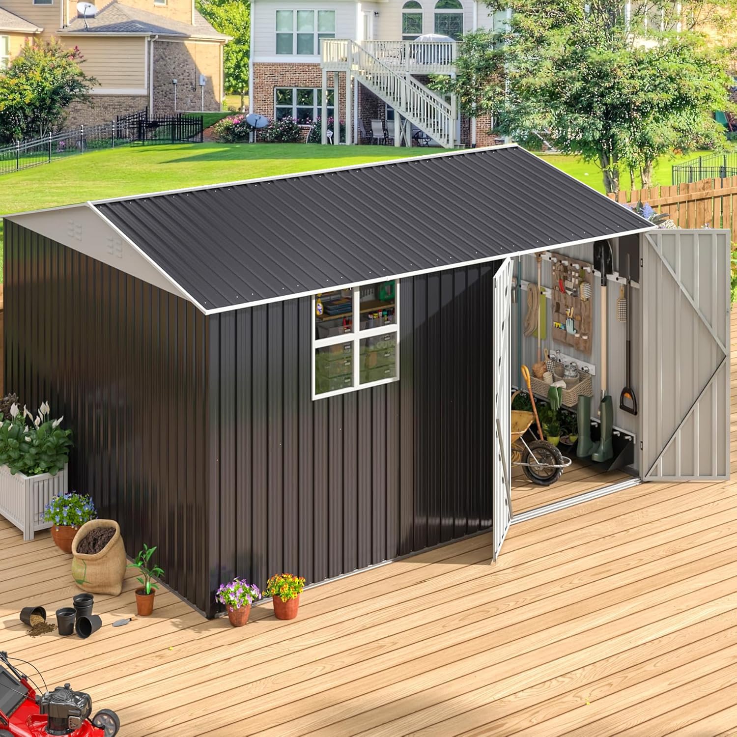 Viwat 10X12 Ft Outdoor Storage Shed, Metal Garden Shed With Updated Lockable Doors And Frame Structure, Large Tool Sheds For Bac