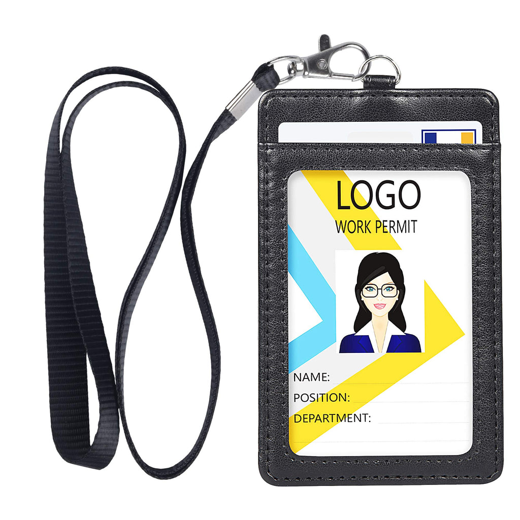 Teskyer Badge Holder With Lanyard, Leather Id Name Badge Card Holder With Lanyard For Id Badges, Vertical Black