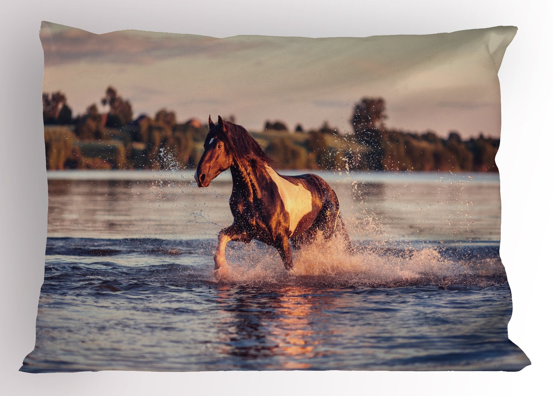 Lunarable Horses Pillow Sham, Horse Galloping Forward In Lake Spirit Winds Emblem Of Freedom And Stability Theme, Decorative Sta