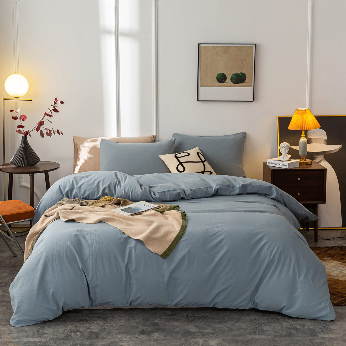 Janlive Washed Cotton Duvet Cover Full Ultra Soft 100% Cotton Solid Color Grayish Blue Duvet Cover Set With Zipper Closure -3 Pi