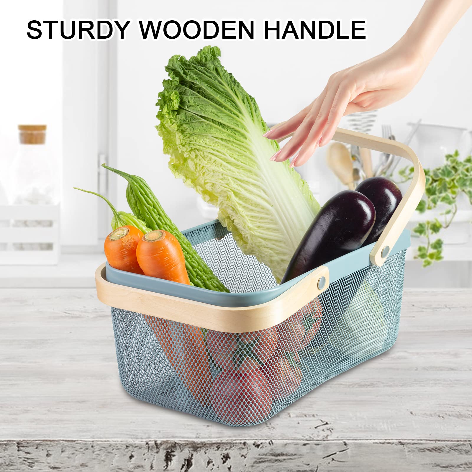 Macoior Portable Garden Harvest Basket-Mesh Design Natural Bamboo Handle Wire Storage Baskets,Mesh Basket With Handle Organize Items Reduce Space Occupation,Suitable For Kitchen,Garden,Picnic(Blue)
