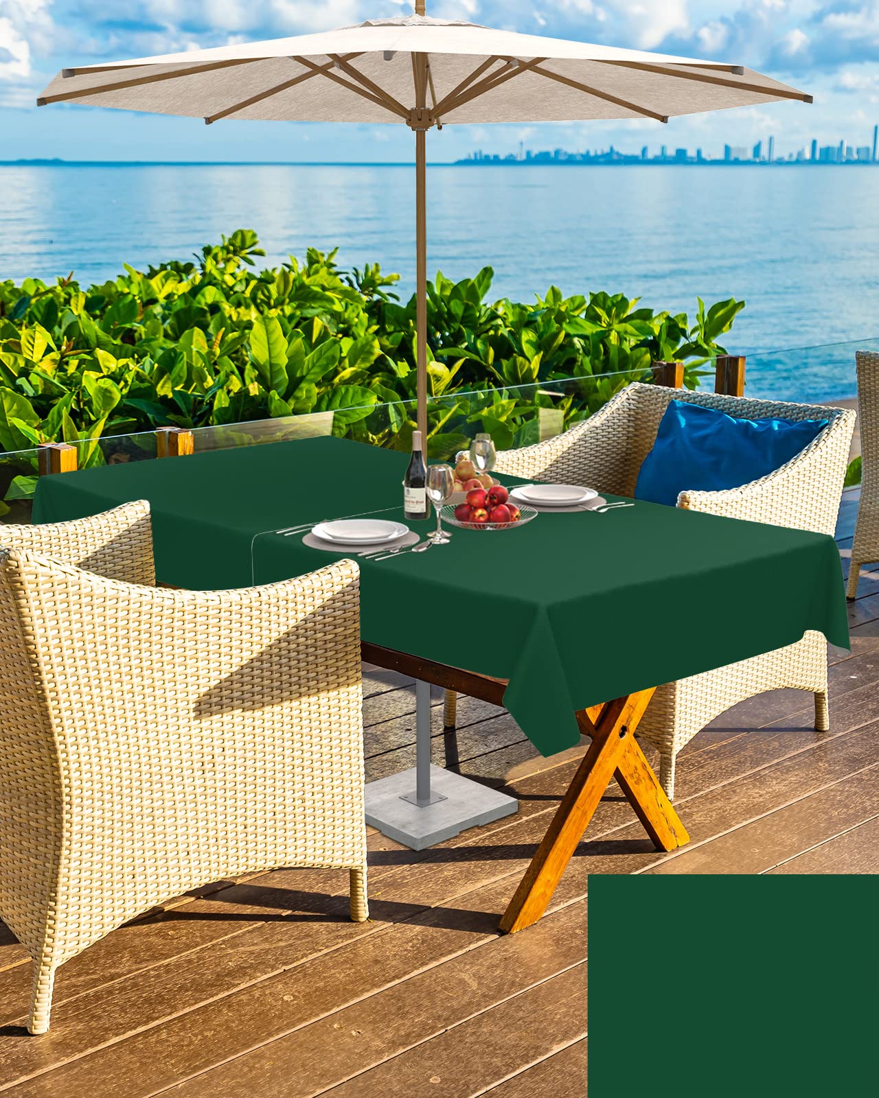 Queenker Sea Green Outdoor Tablecloth With Umbrella Hole And Zipper, Solid Color Table Cover For Rectangle Tables Waterproof Tab