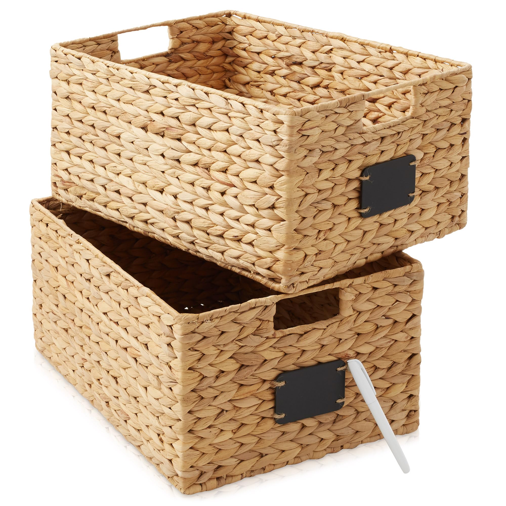 Casafield Set of 2 Water Hyacinth Pantry Baskets, 12-1/2 x 17 x 8, with Chalkboard Labels and Chalk Marker - Natural, Woven Stor