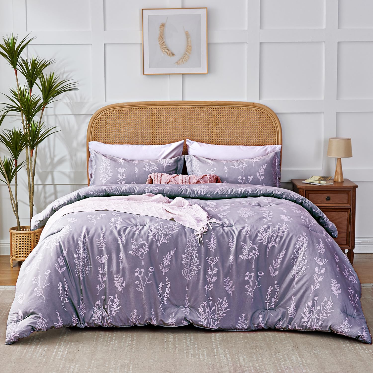 Kozyhvn Floral Comforter Set Queen Lavender, Cute Flower Bed In A Bag Queen Boho 7 Pieces, Soft Fluffy Bedding Sets With Comfort