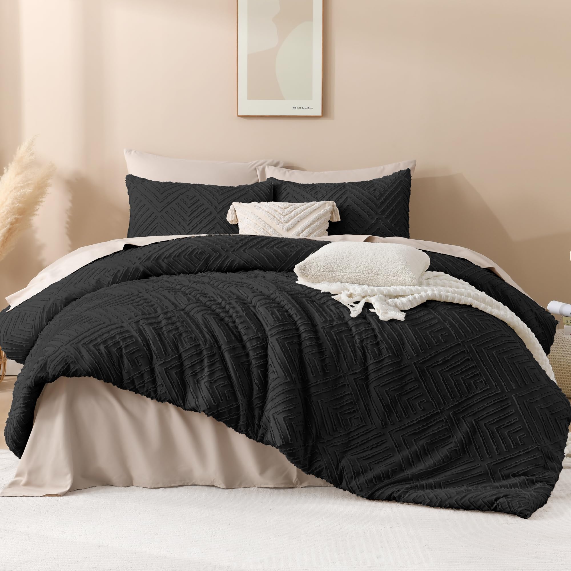 Andency Black Comforter Set Queen, Lightweight Fluffy Bedding Comforter Sets For Queen Bed, 3 Pieces Tufted Farmhouse Shabby Chic Bed Set For All Seasons (1 Comforter 90X90In, 2 Pillowcases)