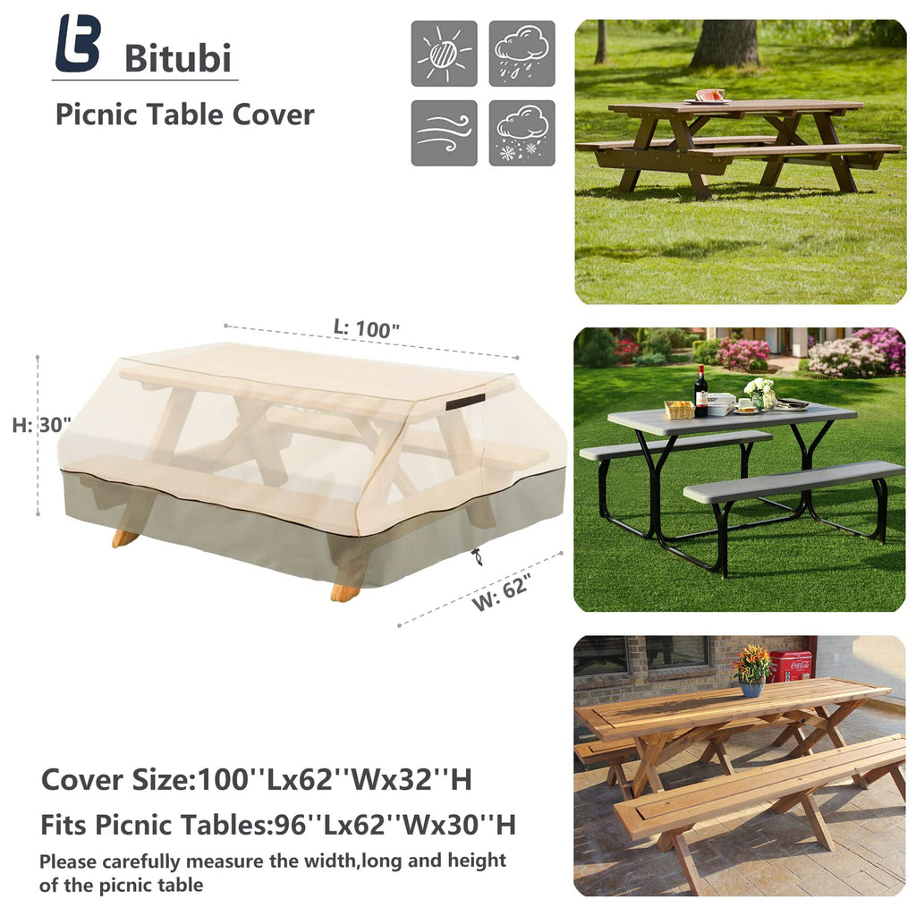 Bitubi 96 Inch Heavy Duty Waterproof Picnic Table Cover - 600D Tough Canvas Wind Dust Proof Anti-Uv Outdoor Patio Table Bench Covers Winter