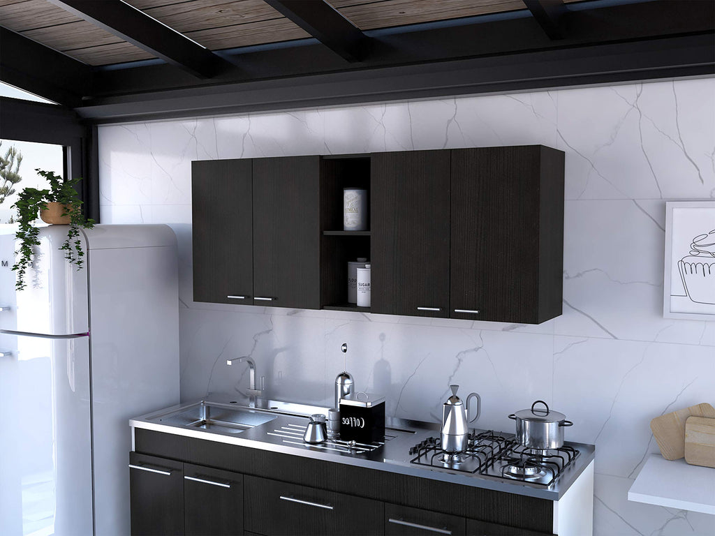 DEPOT E-SHOP Olimpo 150 Wall Cabinet with Four Doors, Two Open Storage Shelves, Two Internal Shelves, Internal Dish and Glass Organizer, 24" H, Black, Kitchen