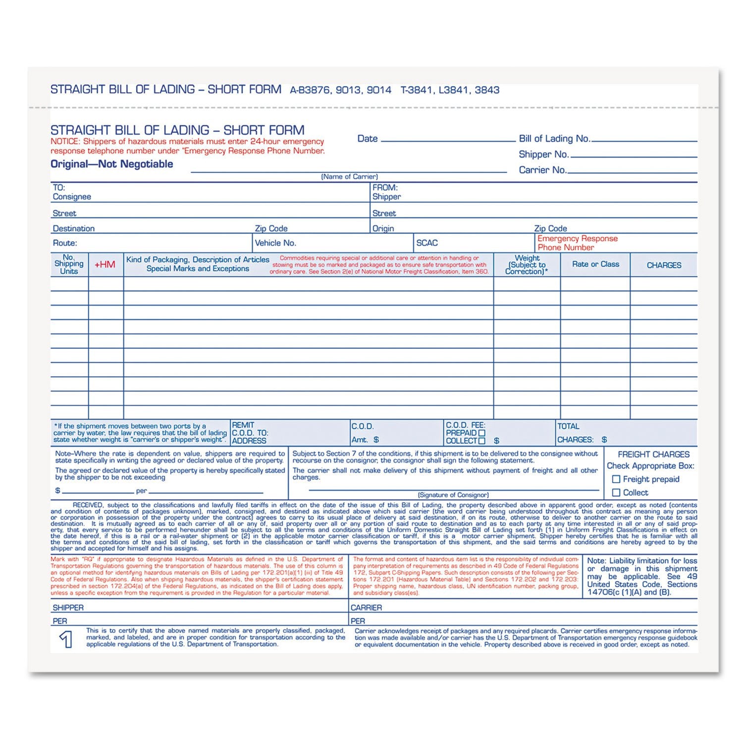 Tops Adams Bill Of Lading Form, Simplified Format, 3 Part, Carbonless, 8.5 X 7.63 Inches, 250 Sets Per Box, White (L3841)