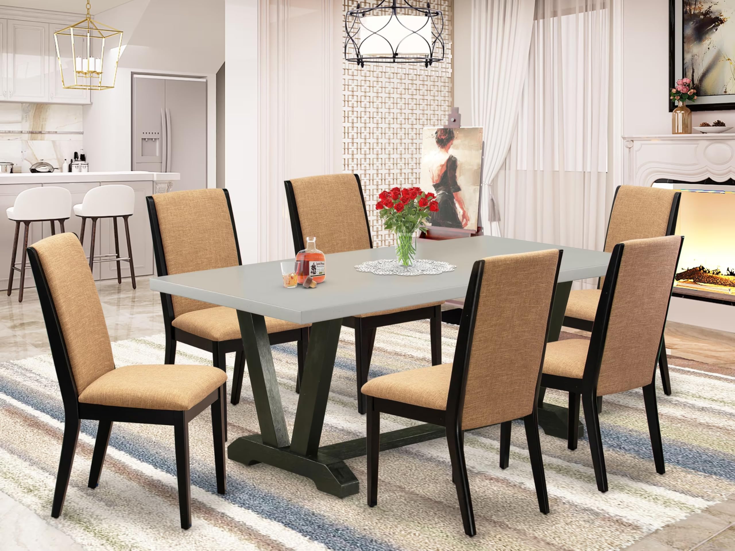East West Furniture V697La147-7 7 Piece Dining Room Furniture Set Consist Of A Rectangle Dining Table With V-Legs And 6 Light Sable Linen Fabric Parson Chairs, 40X72 Inch, Multi-Color