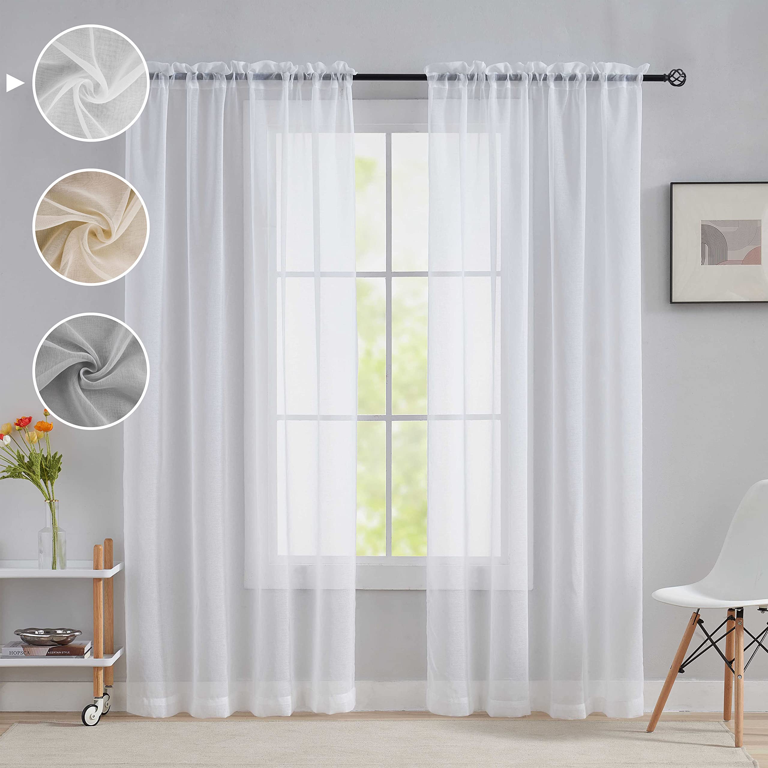 Home Brilliant Sheer White Curtains For Bedroom 72 Inch Length Window Treatment Panels For Living Room, Set Of 2, 54 Width