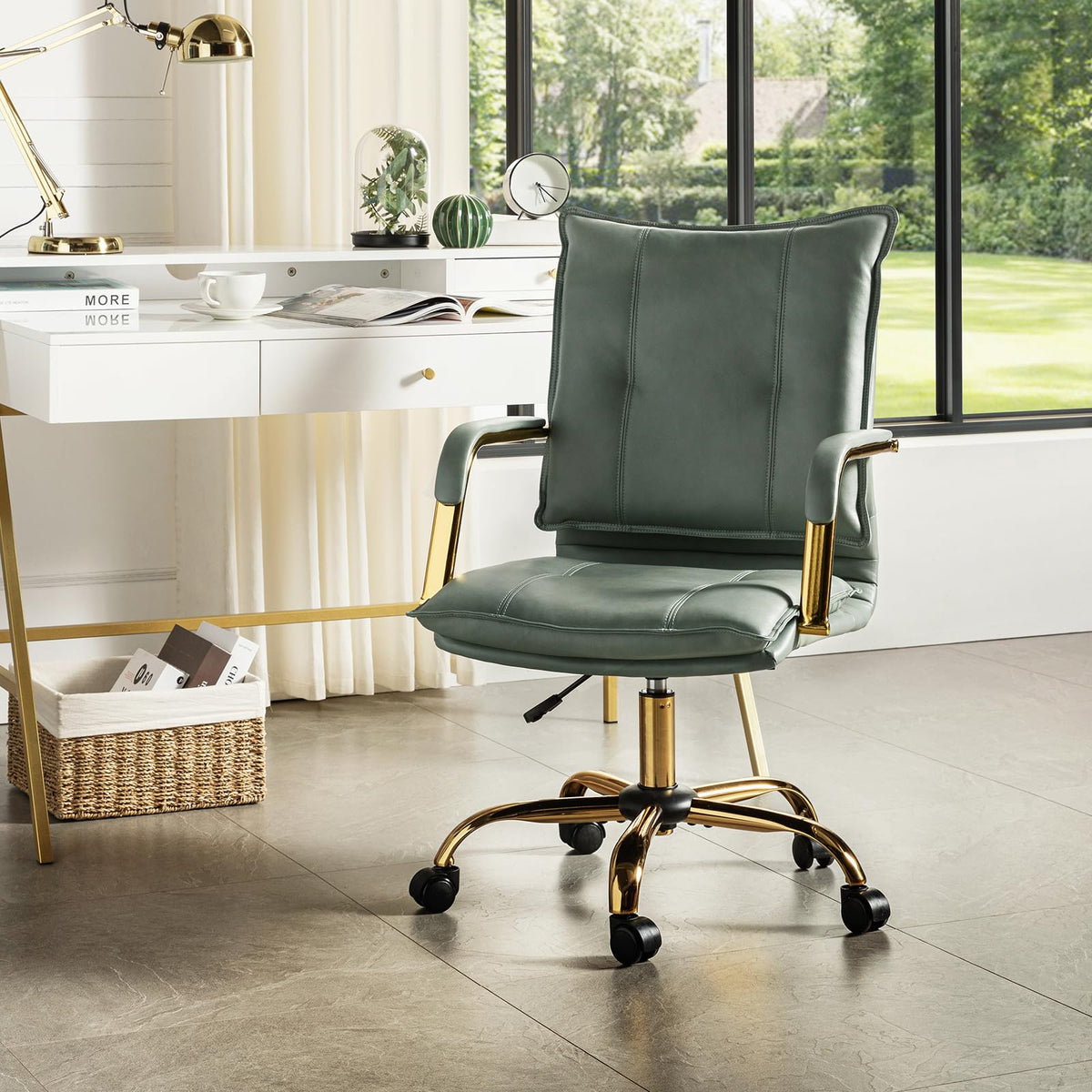 Hulala Home Faux Leather Home Office Desk Chair, Adjustable Swivel Computer Chair With Golden Legs And Arms, Comfy Upholstered Task Chair, Sage