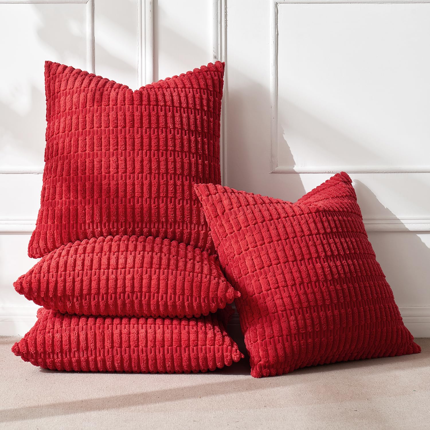 Miulee Pack Of 4 Red Corduroy Decorative Throw Pillow Covers 20X20 Inch Soft Boho Striped Pillow Covers Modern Farmhouse Home Decor For Sofa Living Room Couch Bed