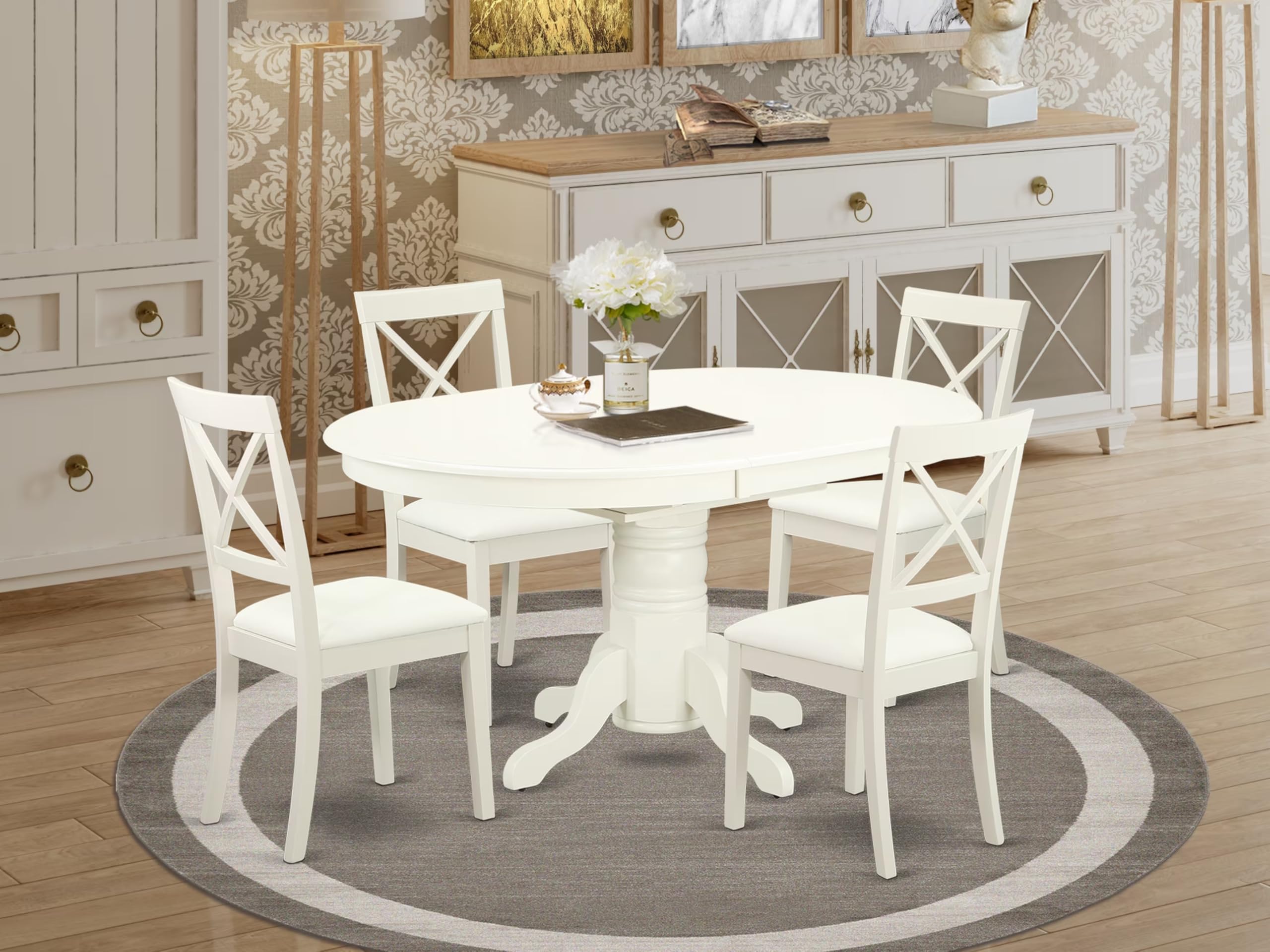 East West Furniture Avbo5-Lwh-Lc 5 Piece Dining Set Includes An Oval Dining Room Table With Butterfly Leaf And 4 Faux Leather Upholstered Chairs, 42X60 Inch, Linen White