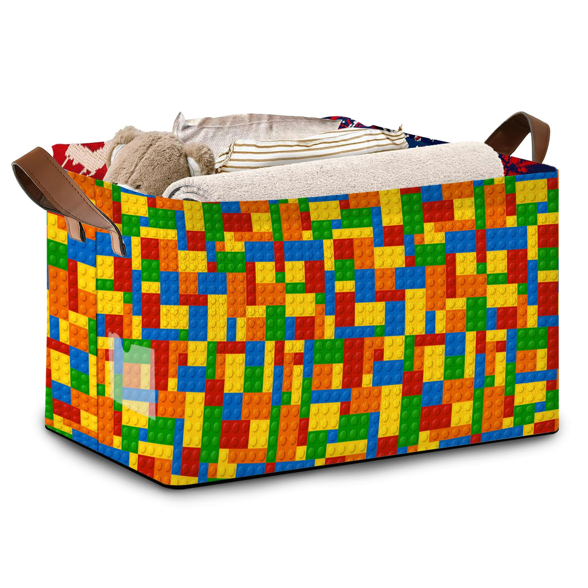 Colorful Building Blocks Storage Basket Large 17x11.5x10.5 IncheCollapsible Fabric Organizer Bin with Handles for Kids Room, To