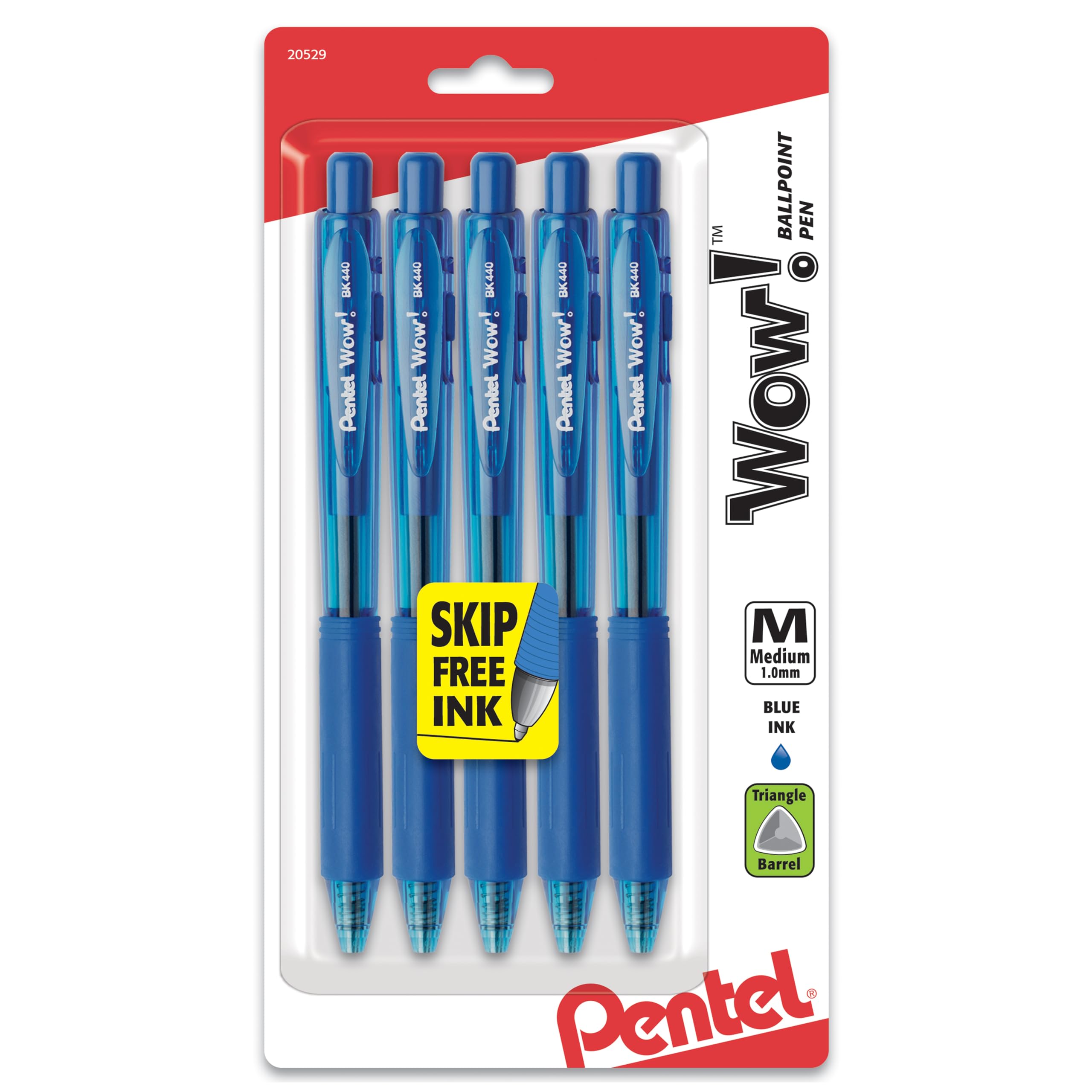 Pentel Wow! Retractable Ballpoint Pens, Medium Line, Blue Ink, 5 Pack (Bk440Bp5C)