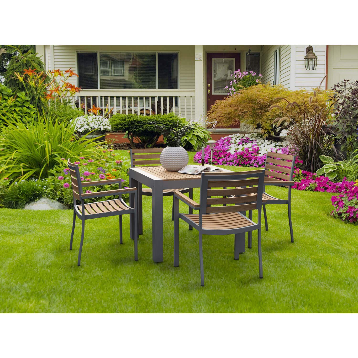 Anderson Teak Set-5031 Seville 5-Pieces Square Set Teak Metal Dining Table, Golden Honey Teak & Cast Grey Aluminum