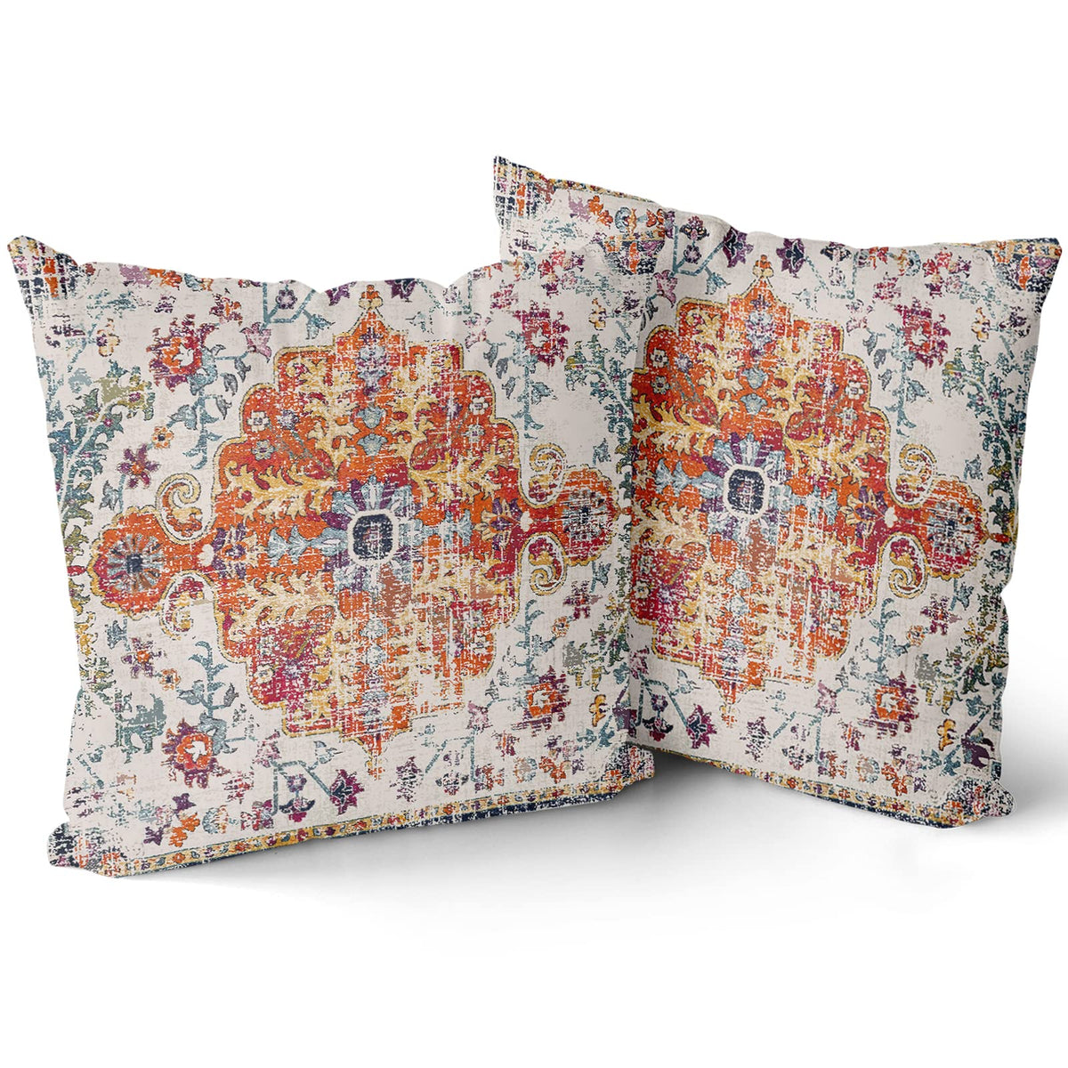 Kawani Boho Carpet Throw Pillow Covers 18X18 Inch Vintage Orange Blue Ethnic Bohemian Floral Decorative Pillows Square Pillow Ca
