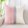 Panod Patchwork Pink Silk-Like Velvet Throw Pillow Cover With Gold Striped Leather Cushion Case Modern Luxury Square Pillowcase