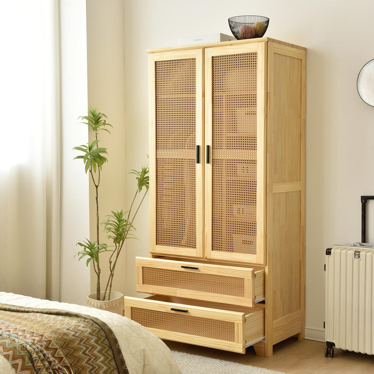 Better Home Products Stylish Pine Wood Closet With Rattan Doors And Two Drawers For Easy Access In Natural (Natural)