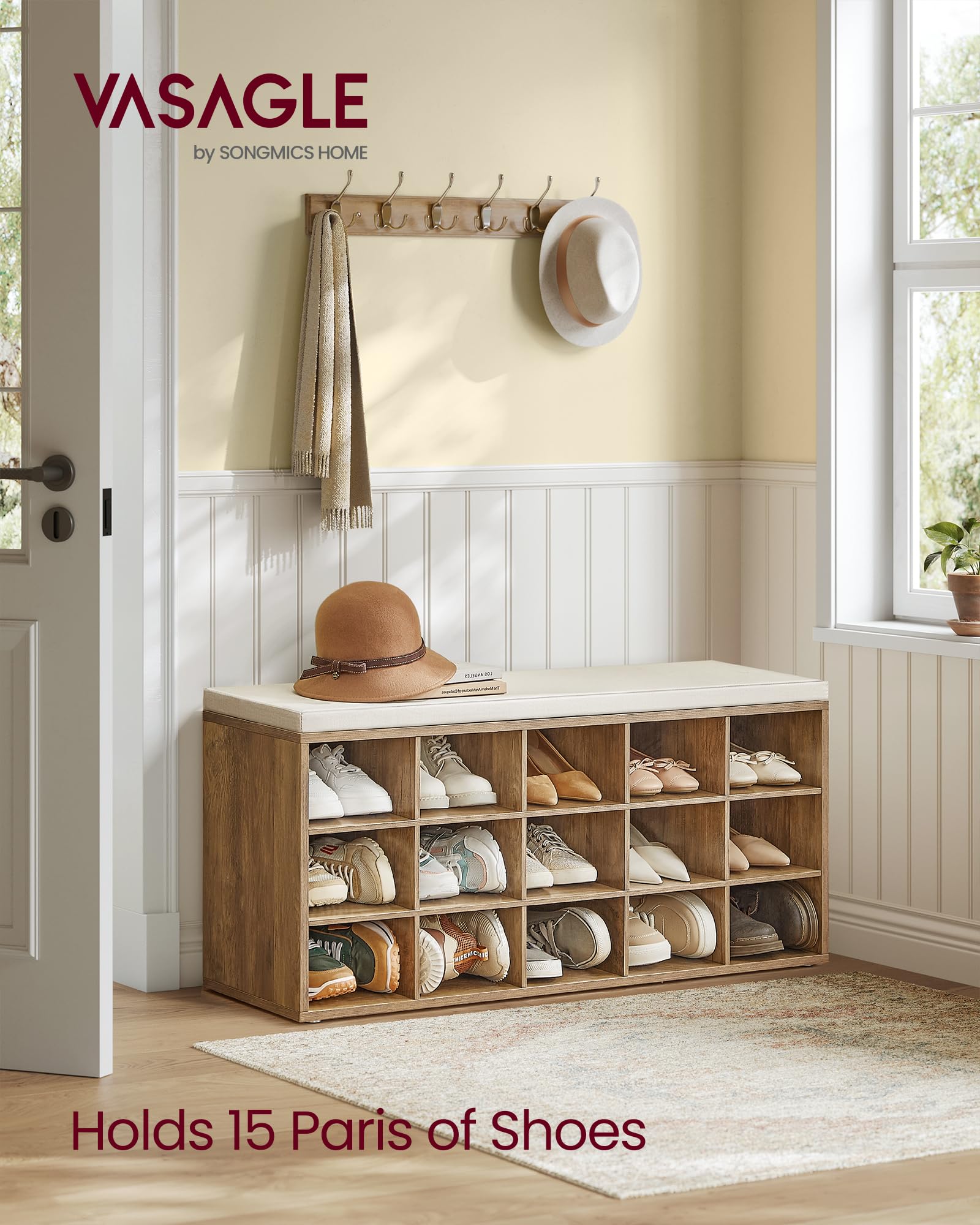 Vasagle Shoe Bench With Cushion, Storage Bench With Padded Seat, Entryway Bench With 15 Compartments, For Bedroom, 11.8 X 41.3 X 18.9 Inches, Honey Brown And Cappuccino Beige Ulhs015K02