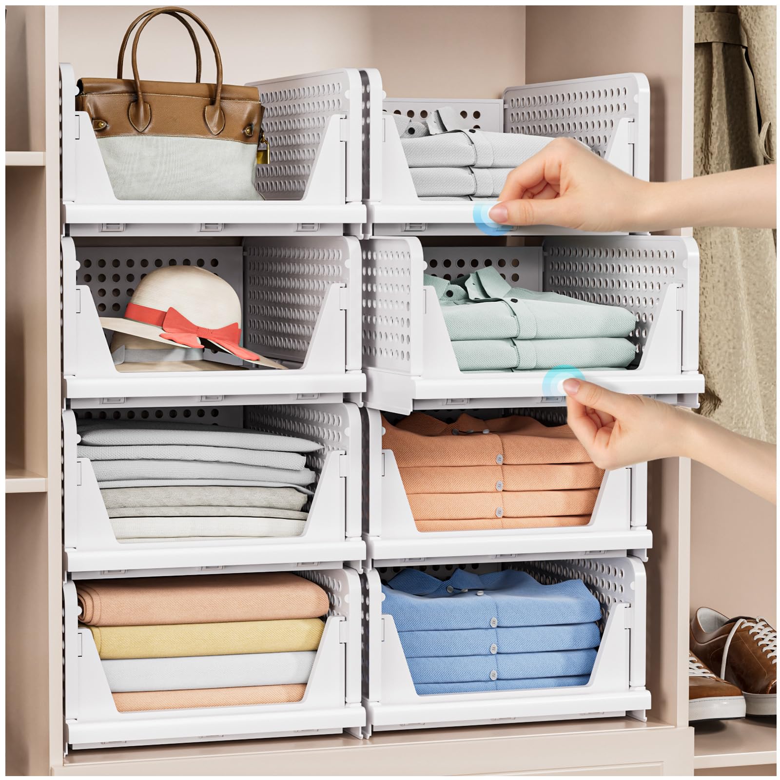 caktraie 4 Pack Stackable Closet Organizer Box - Stackable Storage Bins, Plastic Storage Basket Foldable Closet Storage Basket f