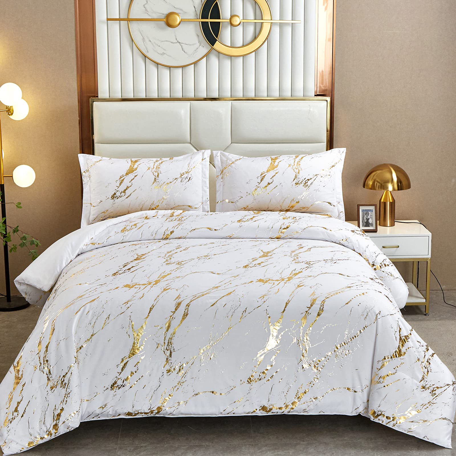 Wongs Bedding White Gold Metallic Marble Comforter Set Queen Foil Print Glitter Bedding Sets With 2 Pillowcases For All Seasons,