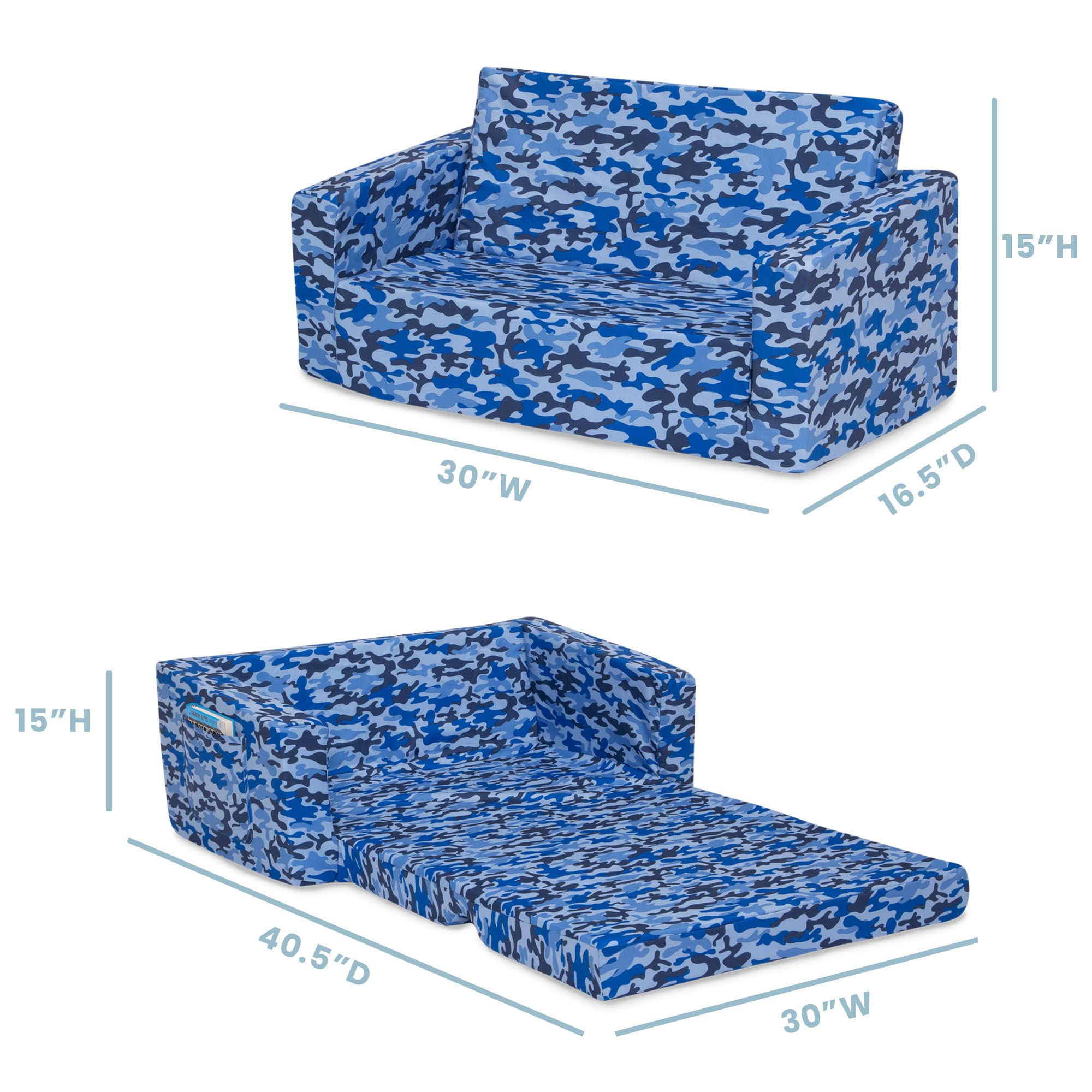 Delta Children Cozee 2-In-1 Extra Wide Convertible Sofa To Lounger-Comfy Flip Open Couch/Sleeper For Kids, Blue Camo