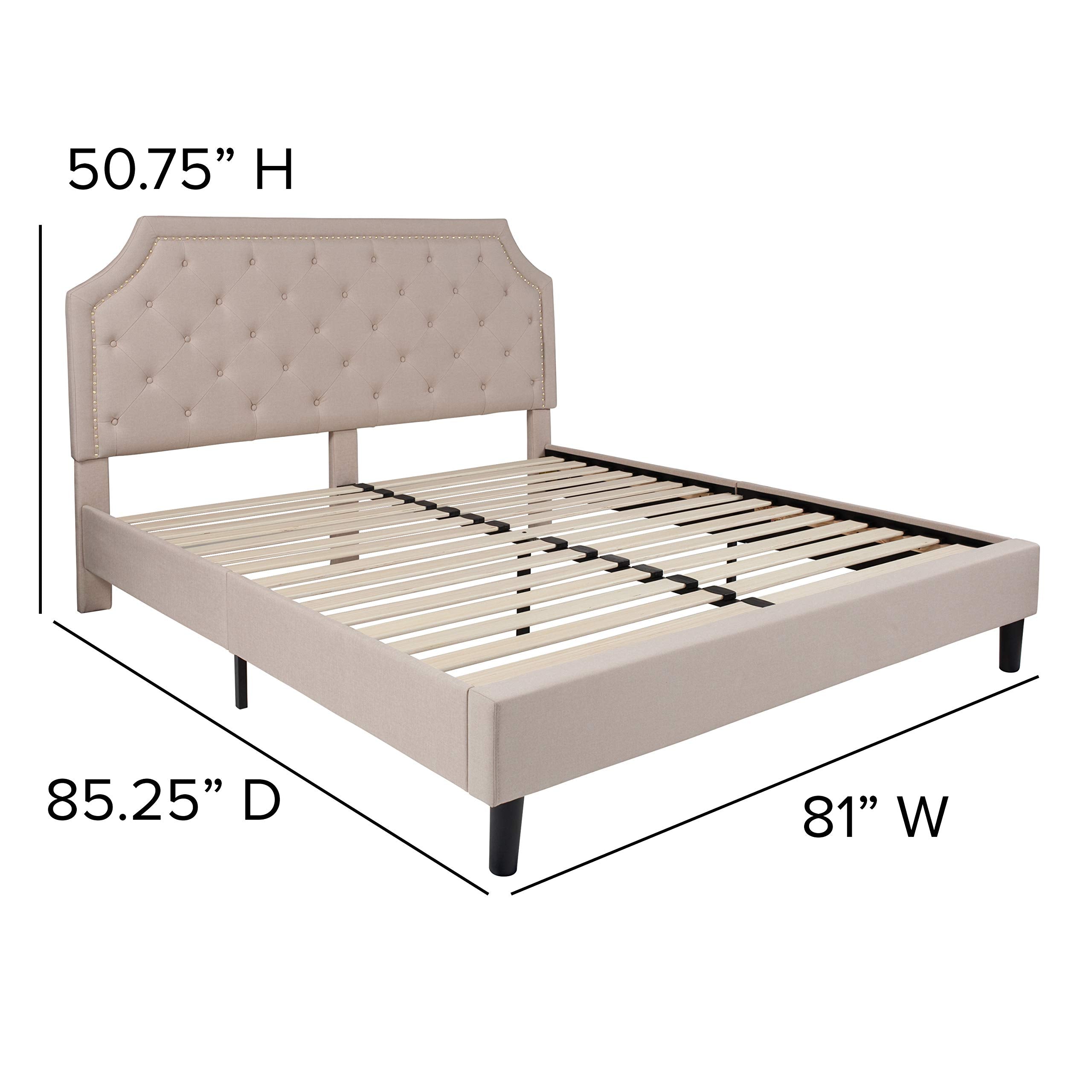Flash Furniture Brighton Fabric Arched Tufted Upholstered King Size Platform Bed, Modern Low-Profile King Bed Frame With Headboard, Beige