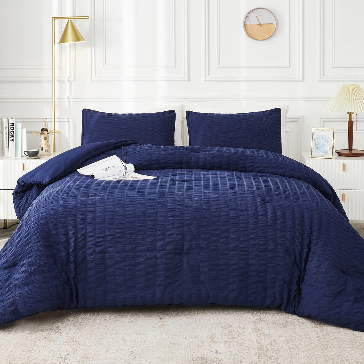 Avelom Navy Blue Seersucker Twin/Twin Xl Comforter Set (68X90 Inches), 2 Pieces-100% Soft Microfiber Lightweight Comforter With 1 Pillowcase, All Season Down Alternative Comforter Set For Bedding