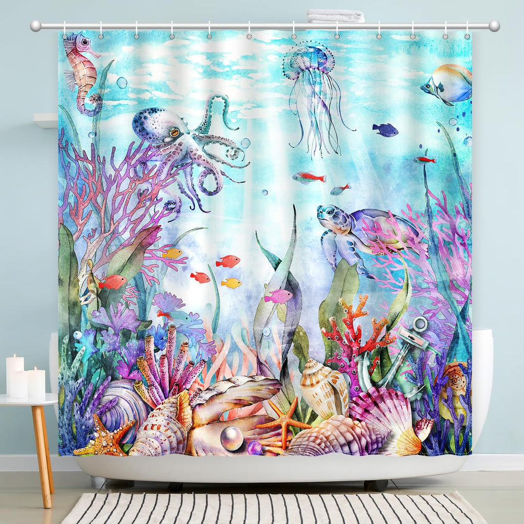 Blue Ocean Seaworld Shower Curtain, Marine Life Shower Curtain Beach Turtle Octopus Sea Horse Coral Star Conch Fish Thick Shower