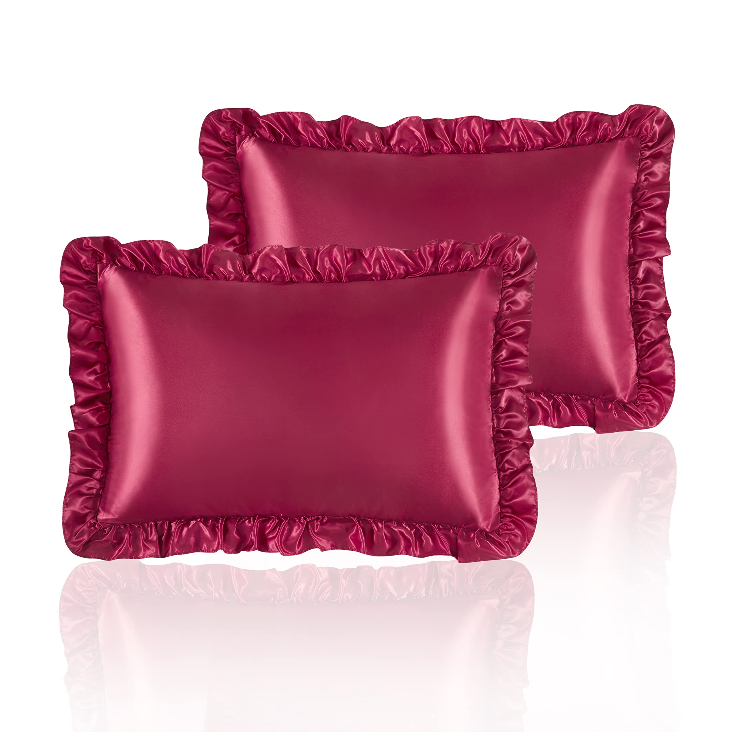 Hommxjf Silky Satin Ruffled Pillow Cases For Hair And Skin,Wine Red Silk Pillowcases Standard Set Of 2 With Envelope Closure Pri