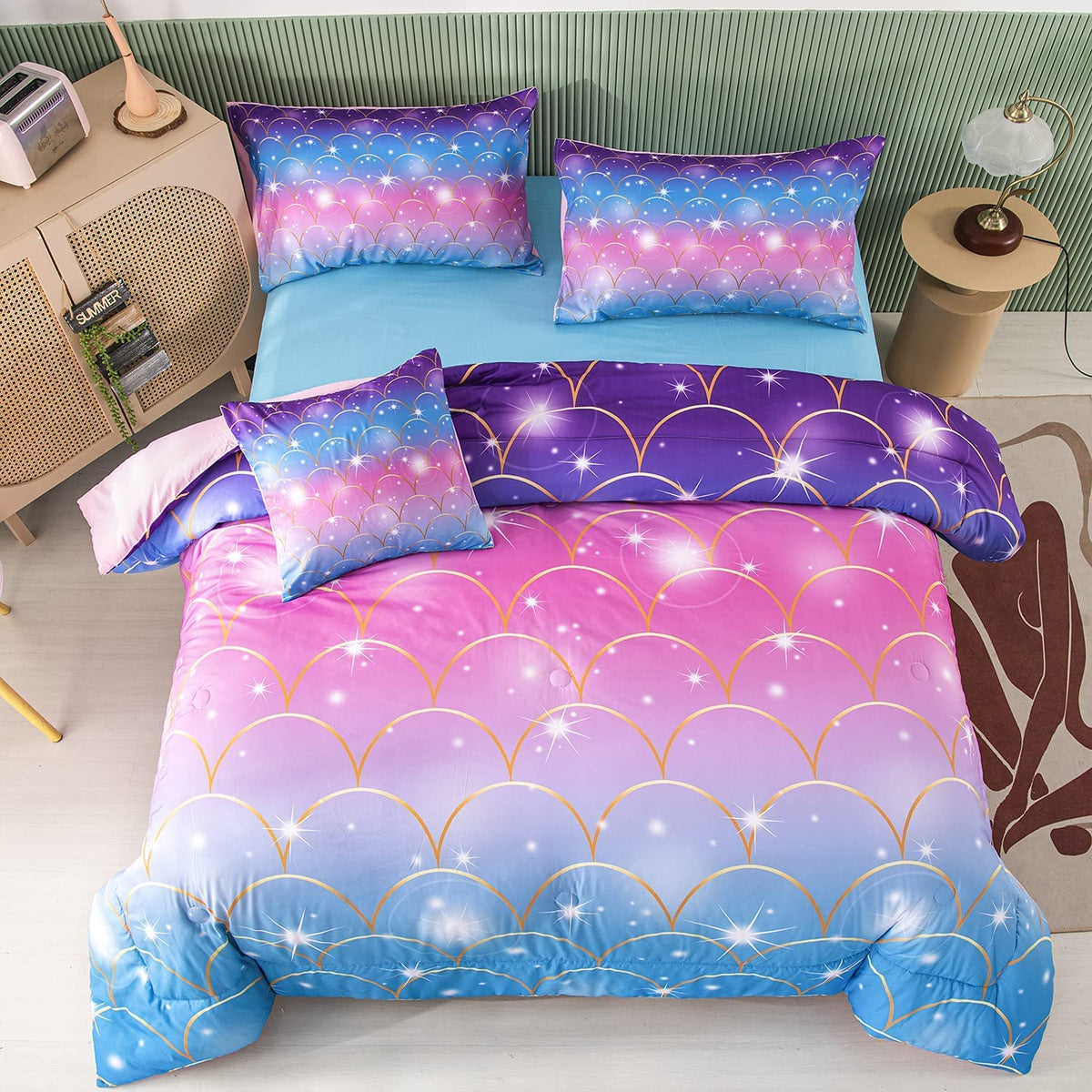 Perfemet Pink Mermaid Comforter Set Full Size 6 Pieces Bed In A Bag Colorful Rainbow Bedding Set For Teens Girls 3D Sparkly Glit
