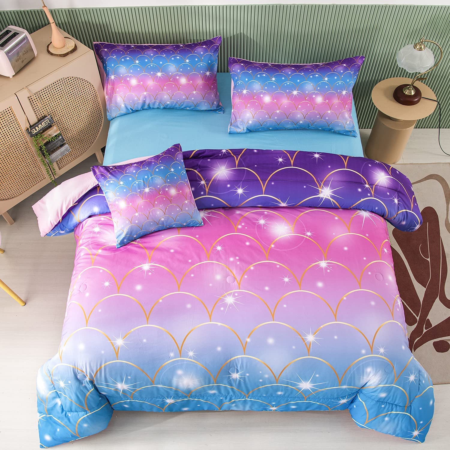 Perfemet Pink Mermaid Comforter Set Full Size 6 Pieces Bed In A Bag Colorful Rainbow Bedding Set For Teens Girls 3D Sparkly Glit