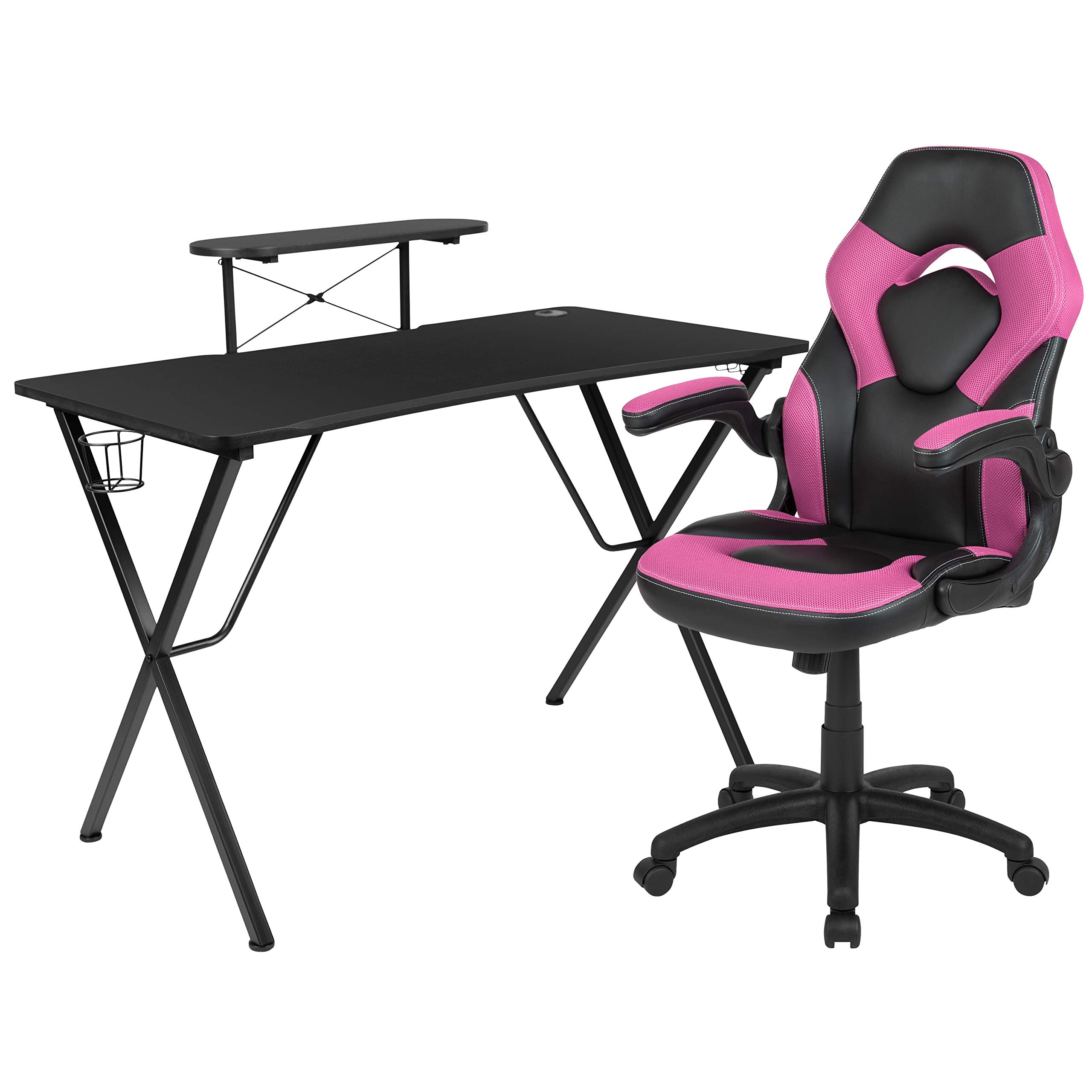 Flash Furniture Black Gaming Desk and Pink/Black Racing Chair Set with Cup Holder, Headphone Hook, and Monitor/Smartphone Stand