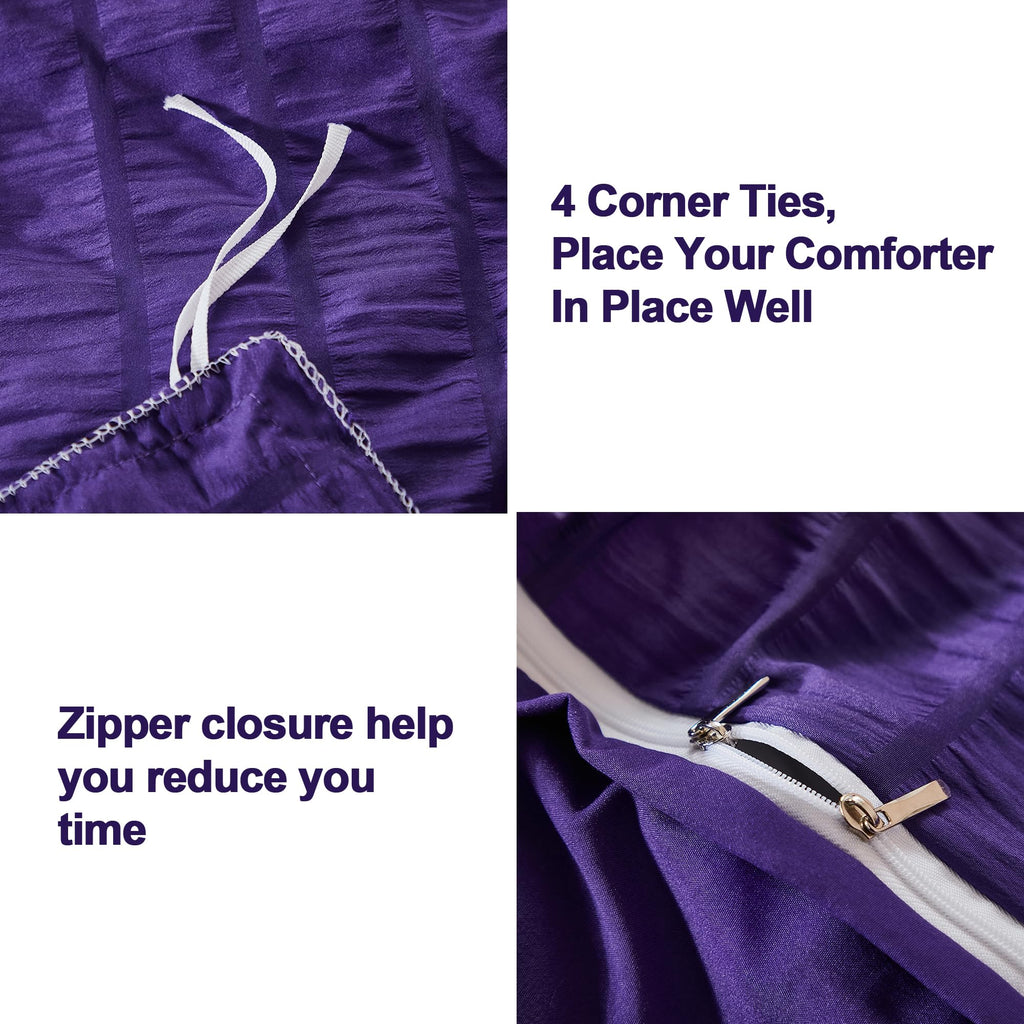 Avelom Dark Purple Duvet Cover Cal King(104 X 98 Inches), 3 Pieces (1 Duvet Cover, 2 Pillowcases), Seersucker Striped Soft Washed Microfiber, Textured Duvet Cover Set With Zipper Closure, Corner Ties